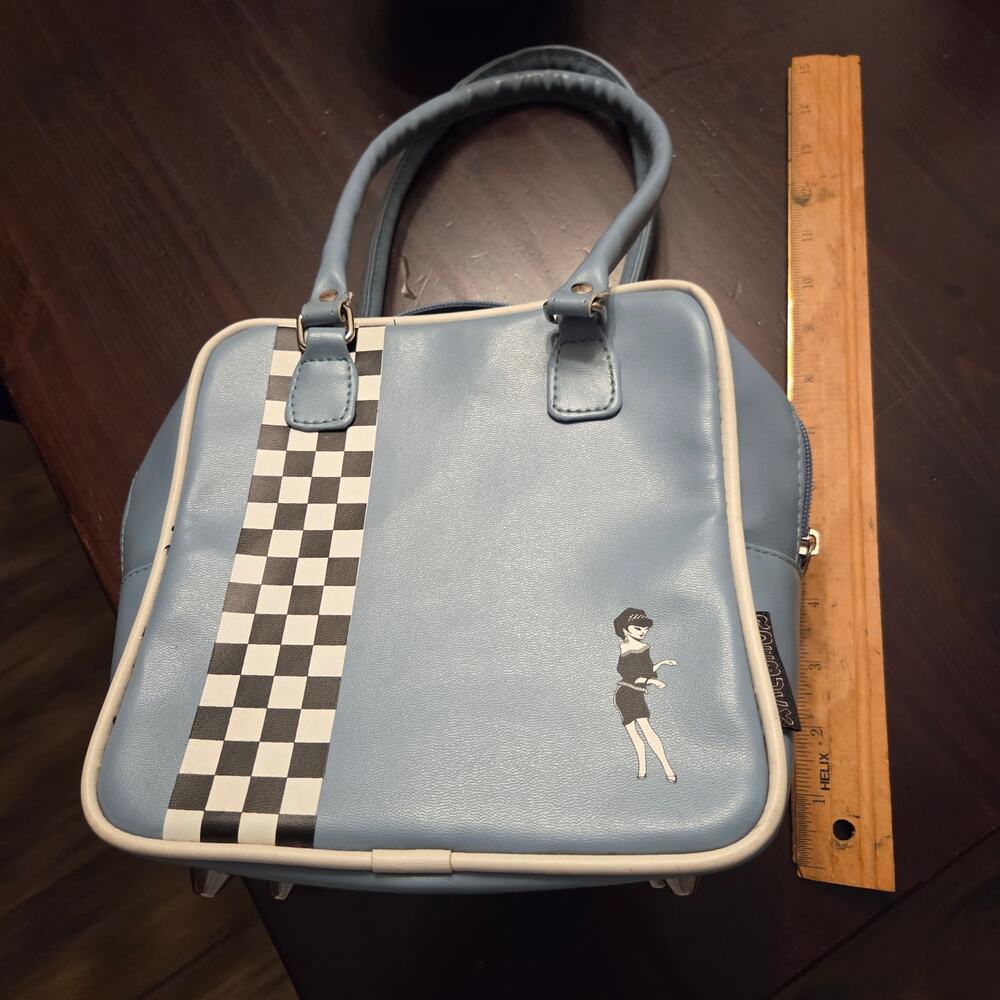 Vintage Roebuck Blue Bowler Bag Rockabilly Checkered Retro PinUp Girl